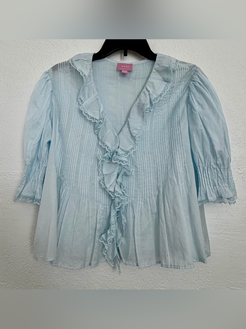 Muse Pastel Blue Ruffle Pintuck Blouse